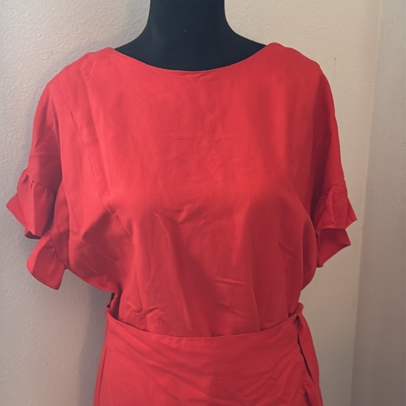 ASTR The Label Coral Red ruffle faux wrap around skirt ruffle sleeves dress Sz L - Picture 3 of 12